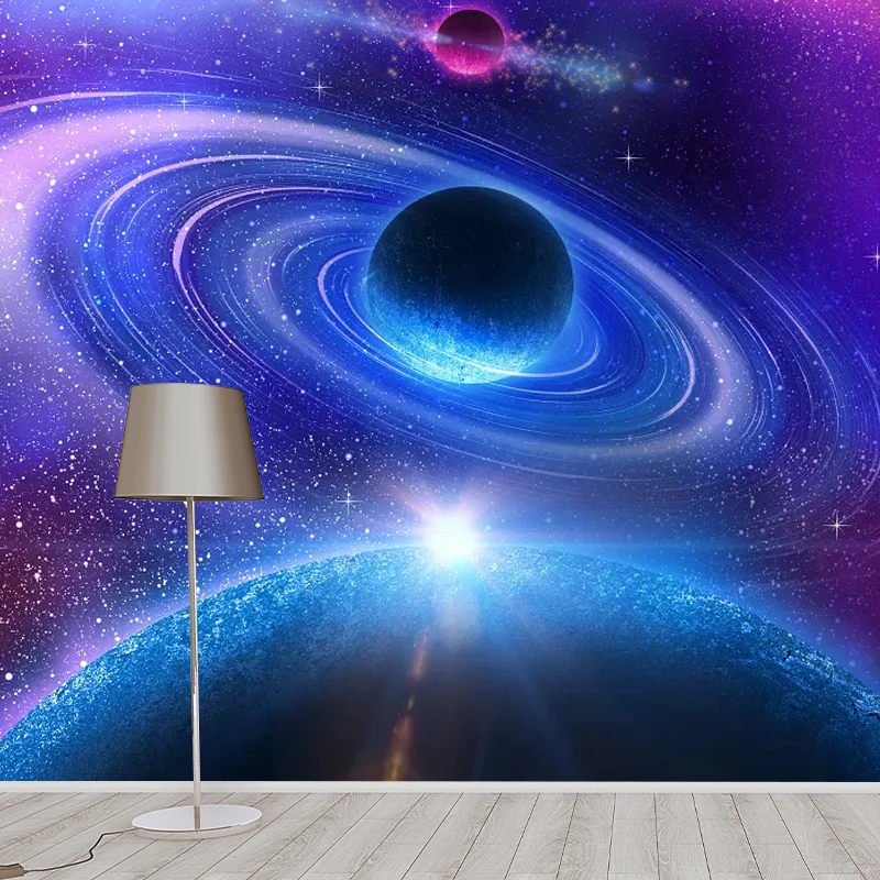 Blaue und violette Planet-Wandtapete, schmutzabweisende Wanddekoration für Gästezimmer Clearhalo