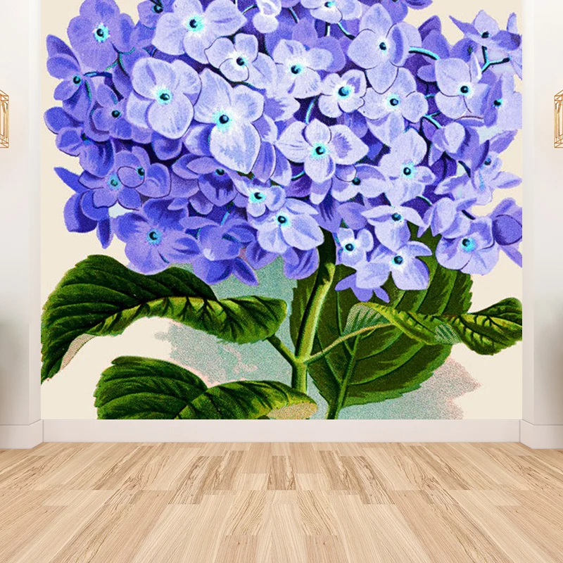 Blaue zeitgenössische Wandtapete mit riesiger, mit Blumen bedruckter Wandverkleidung für das Esszimmer Clearhalo