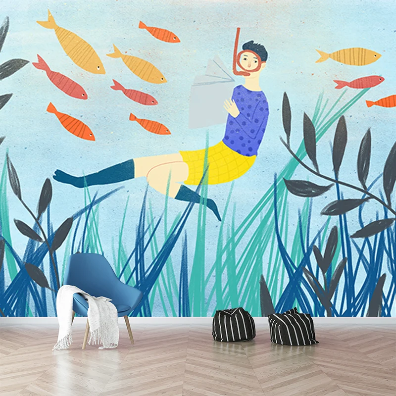 Blauer, lesender Unterwasser-Wandaufkleber, feuchtigkeitsbeständige Wandkunst für Kinderzimmer Clearhalo