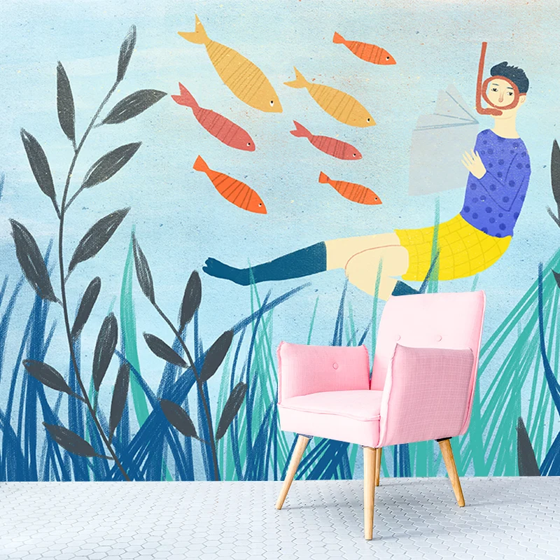 Blauer, lesender Unterwasser-Wandaufkleber, feuchtigkeitsbeständige Wandkunst für Kinderzimmer Clearhalo