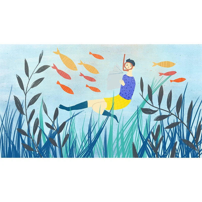 Blauer, lesender Unterwasser-Wandaufkleber, feuchtigkeitsbeständige Wandkunst für Kinderzimmer Clearhalo