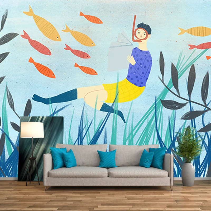 Blauer, lesender Unterwasser-Wandaufkleber, feuchtigkeitsbeständige Wandkunst für Kinderzimmer Clearhalo