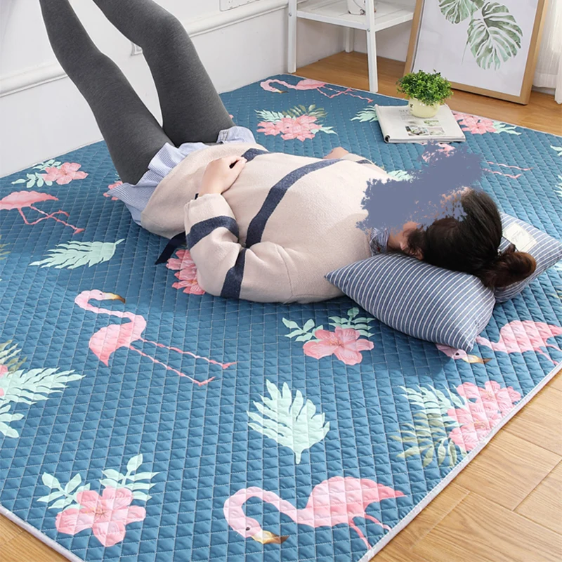 Blauer moderner Teppich aus Baumwolle mit Flamingo-Aufdruck, rutschfeste Rückseite, schmutzabweisender Innenteppich für Sc...