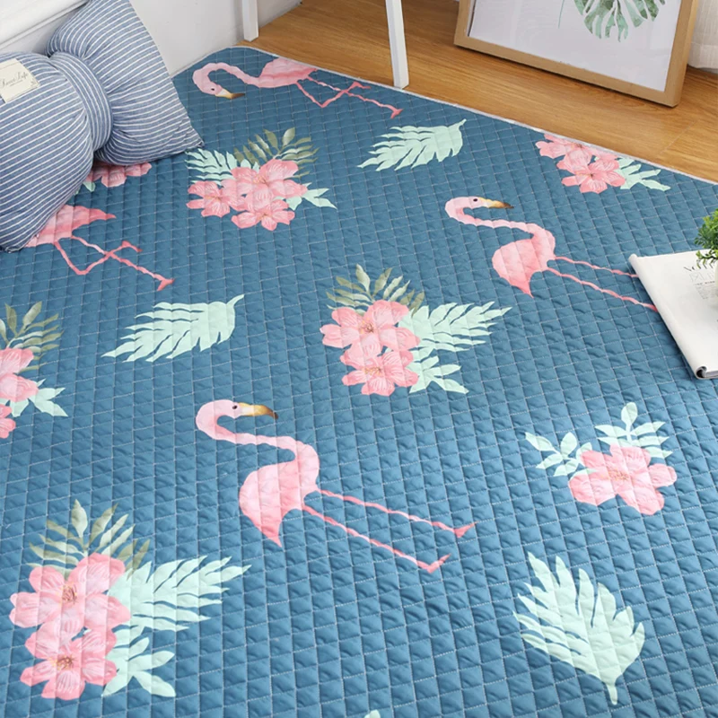 Blauer moderner Teppich aus Baumwolle mit Flamingo-Aufdruck, rutschfeste Rückseite, schmutzabweisender Innenteppich für Sc...
