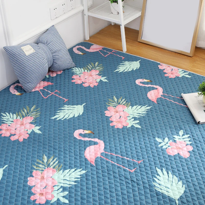 Blauer moderner Teppich aus Baumwolle mit Flamingo-Aufdruck, rutschfeste Rückseite, schmutzabweisender Innenteppich für Sc...