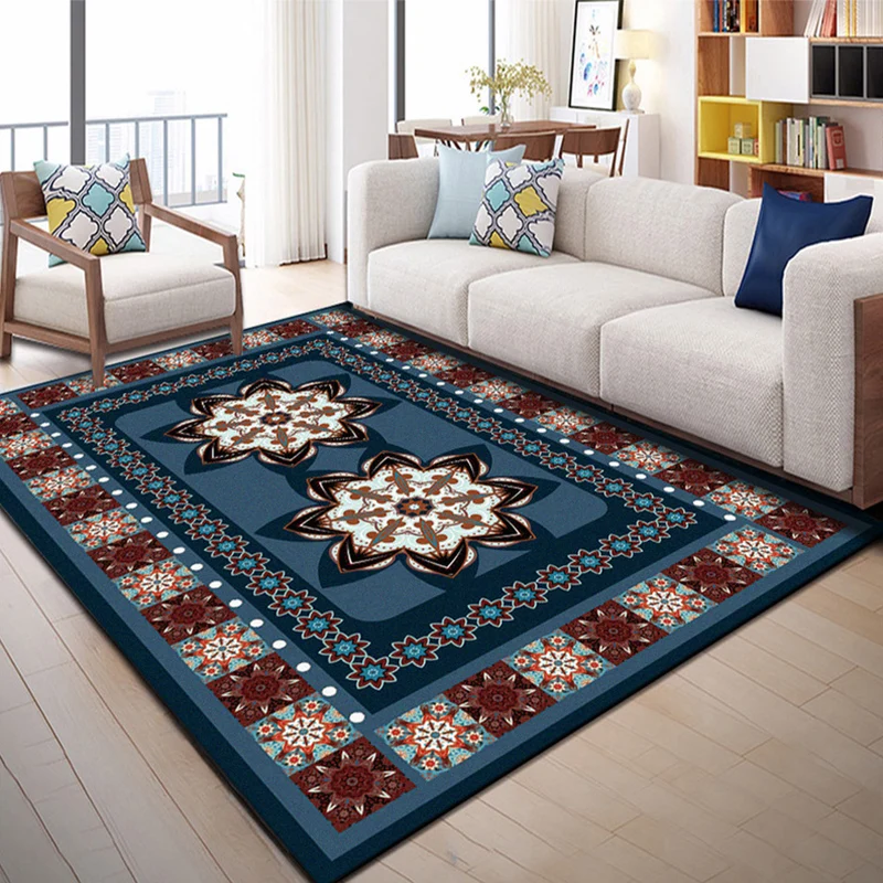 Blauer Schlafzimmerteppich mit marokkanischen Blumenpunkten, rechteckiger bedruckter Teppich, rutschfester Polyester-Teppi...
