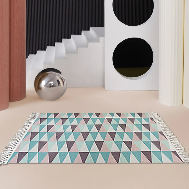 Blauer Schlafzimmerteppich, moderner Teppich mit geometrischem Muster, Baumwolle, rutschfeste Rückseite, waschbarer Teppic...