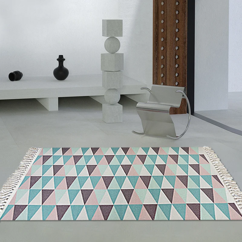 Blauer Schlafzimmerteppich, moderner Teppich mit geometrischem Muster, Baumwolle, rutschfeste Rückseite, waschbarer Teppic...