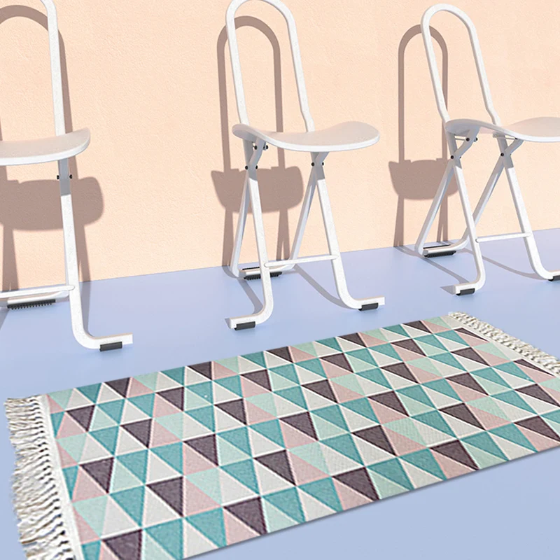 Blauer Schlafzimmerteppich, moderner Teppich mit geometrischem Muster, Baumwolle, rutschfeste Rückseite, waschbarer Teppic...