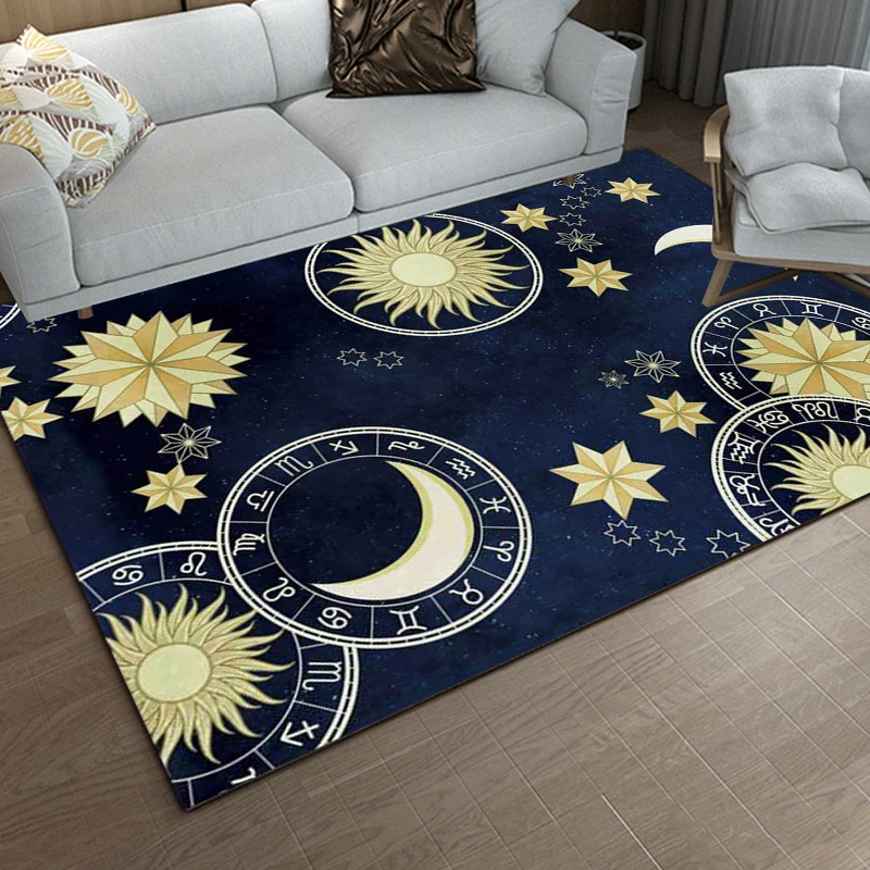 Blauer Schlafzimmerteppich, moderner Weltraum-Sonne-Mond-Muster-Teppich, Polyester-Teppich mit rutschfester Rückseite Clea...