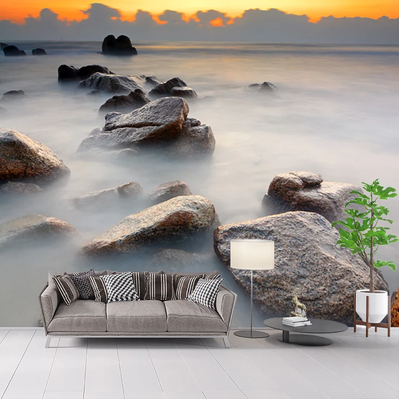 Blauer Sonnenaufgang Landschaftswandaufkleber Stein im nebligen Wasser Tropix Imprägnierungswandkunst Clearhalo
