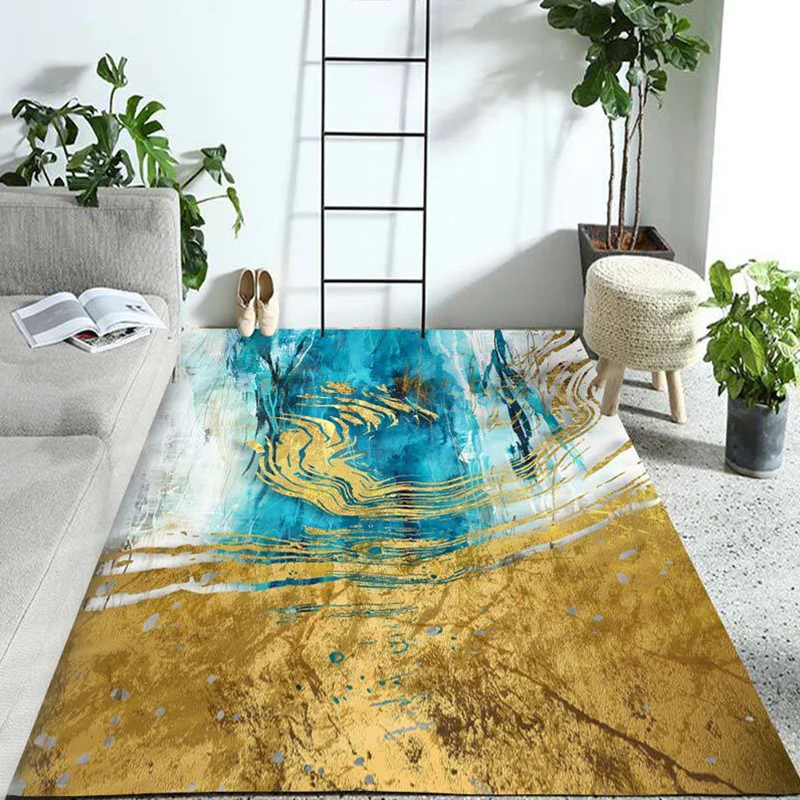 Blauer und goldener Schlafzimmerteppich, moderner Teppich mit abstraktem Muster, schmutzabweisender Polyester-Teppich Clea...