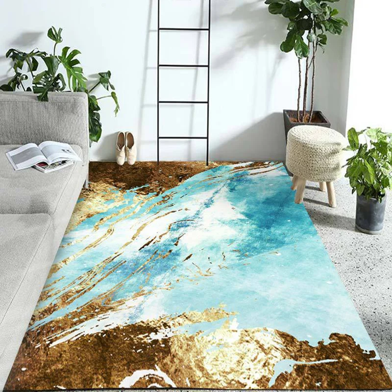 Blauer und goldener Schlafzimmerteppich, moderner Teppich mit abstraktem Muster, schmutzabweisender Polyester-Teppich Clea...