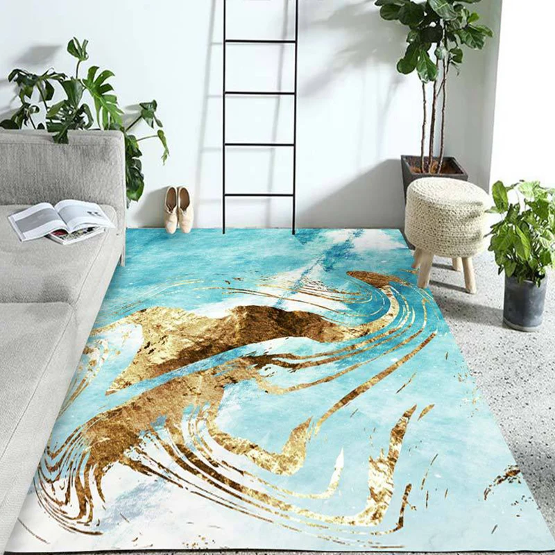Blauer und goldener Schlafzimmerteppich, moderner Teppich mit abstraktem Muster, schmutzabweisender Polyester-Teppich Clea...