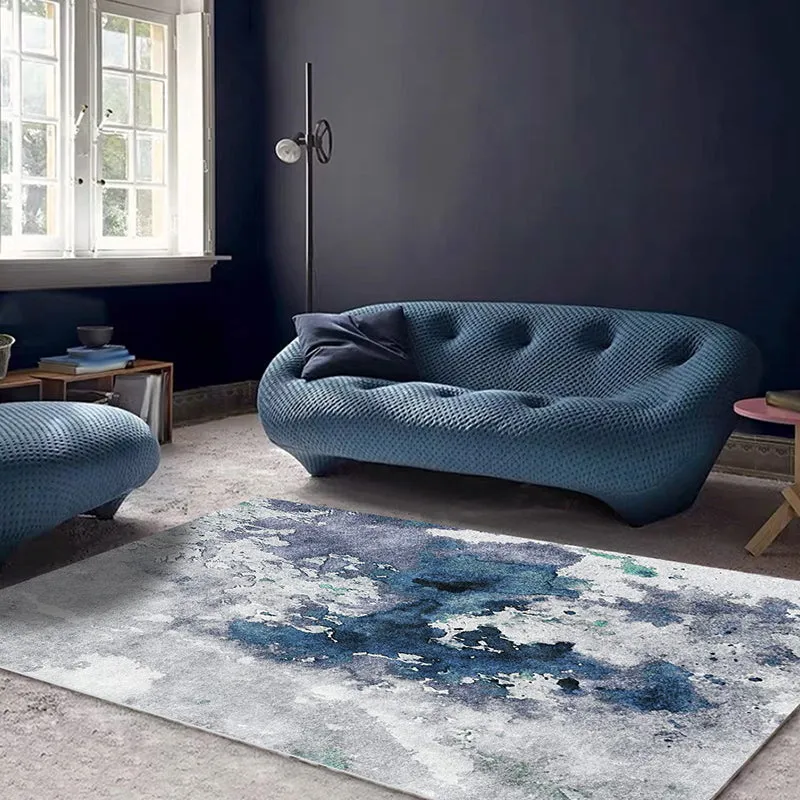 Blauer und grauer moderner Teppich aus Polyester mit Aquarellmuster, waschbarer, rutschfester Teppich für das Wohnzimmer C...