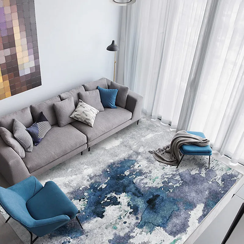 Blauer und grauer moderner Teppich aus Polyester mit Aquarellmuster, waschbarer, rutschfester Teppich für das Wohnzimmer C...