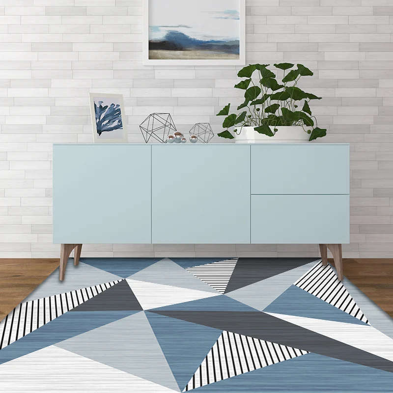 Blauer und grauer modernistischer Teppich aus Polyester mit geometrischem und gestreiftem Muster, haustierfreundlich, wasc...