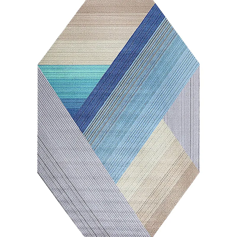 Blauer, unregelmäßiger Schlafzimmerteppich mit Streifen und geometrischem Muster, rutschfester Polyester-Teppich Clearhalo