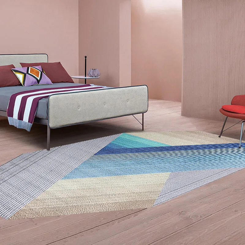 Blauer, unregelmäßiger Schlafzimmerteppich mit Streifen und geometrischem Muster, rutschfester Polyester-Teppich Clearhalo