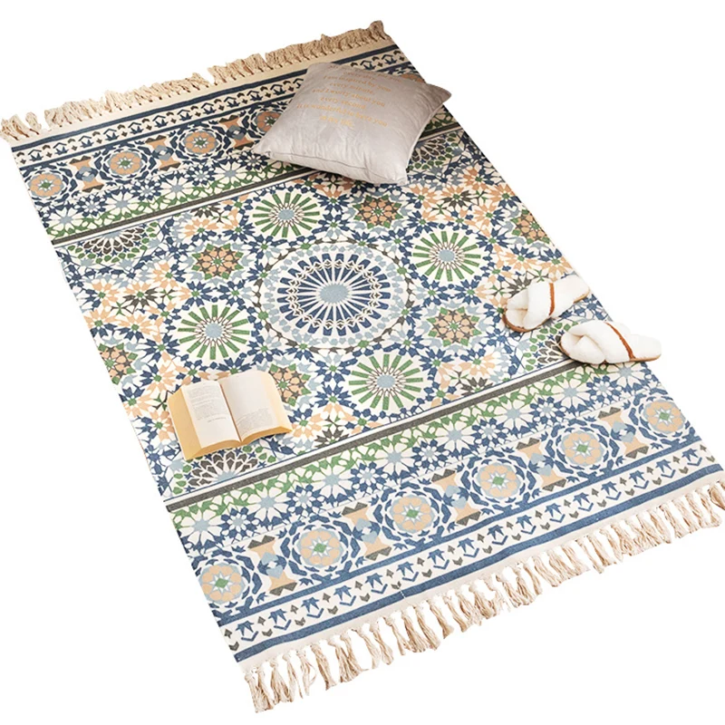 Boho-Chic-Teppich mit Blumenmuster, mehrfarbiger Baumwollteppich, waschbarer Teppich für das Wohnzimmer Clearhalo