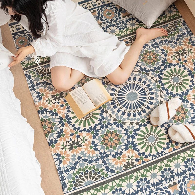 Boho-Chic-Teppich mit Blumenmuster, mehrfarbiger Baumwollteppich, waschbarer Teppich für das Wohnzimmer Clearhalo