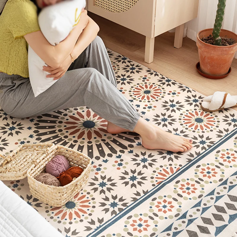 Boho-Chic-Teppich mit Blumenmuster, mehrfarbiger Baumwollteppich, waschbarer Teppich für das Wohnzimmer Clearhalo
