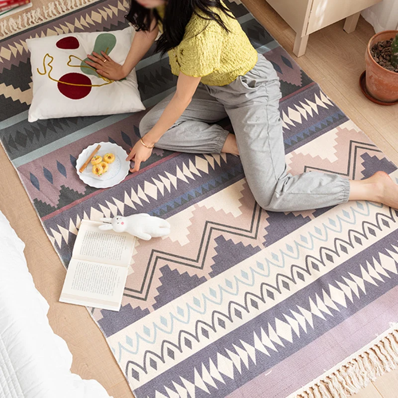 Boho-Chic-Teppich mit Blumenmuster, mehrfarbiger Baumwollteppich, waschbarer Teppich für das Wohnzimmer Clearhalo