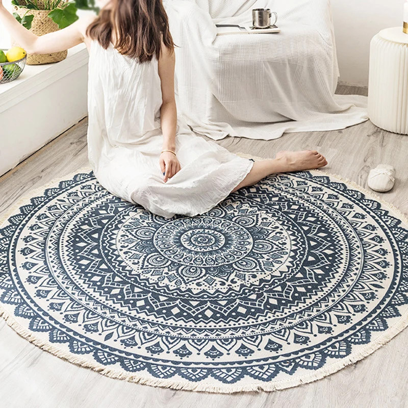 Boho-Mandala-Teppich, mehrfarbiger Baumwollteppich, haustierfreundlicher Teppich für Schlafzimmer Clearhalo