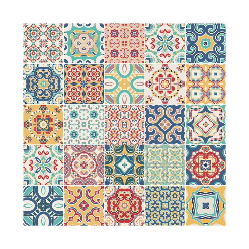 Boho-Mosaikfliesen-Tapetenset, orange Blumen-Wanddekoration für die Küche, selbstklebend Clearhalo