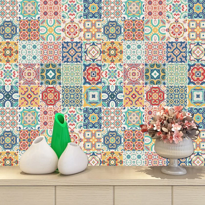 Boho-Mosaikfliesen-Tapetenset, orange Blumen-Wanddekoration für die Küche, selbstklebend Clearhalo