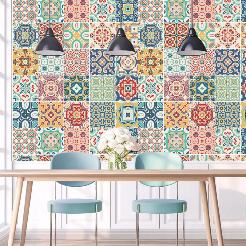 Boho-Mosaikfliesen-Tapetenset, orange Blumen-Wanddekoration für die Küche, selbstklebend Clearhalo