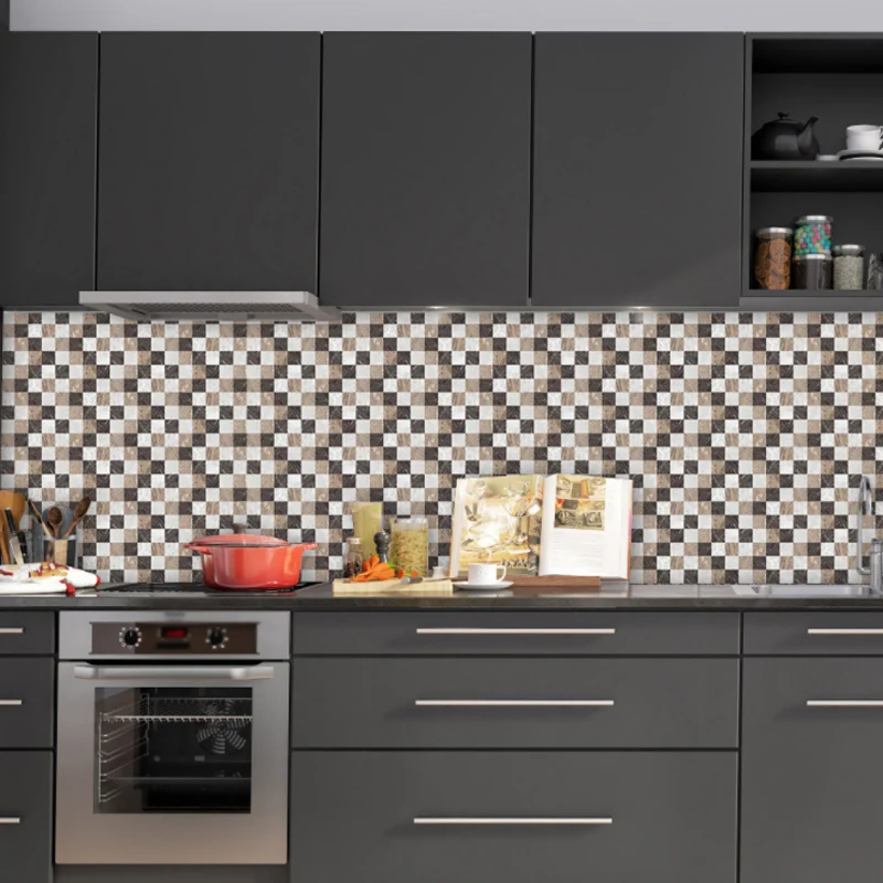 Boho-Schachbrett-Tapetenpaneele, 10 Stück, graues Marmor-Mosaik, Wanddekoration, selbstklebend Clearhalo