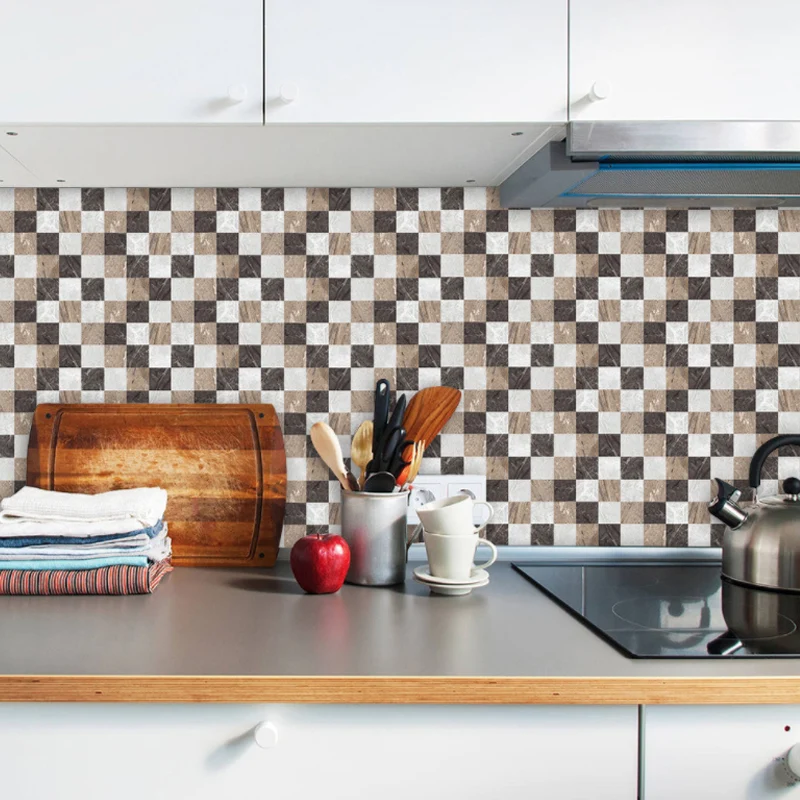 Boho-Schachbrett-Tapetenpaneele, 10 Stück, graues Marmor-Mosaik, Wanddekoration, selbstklebend Clearhalo