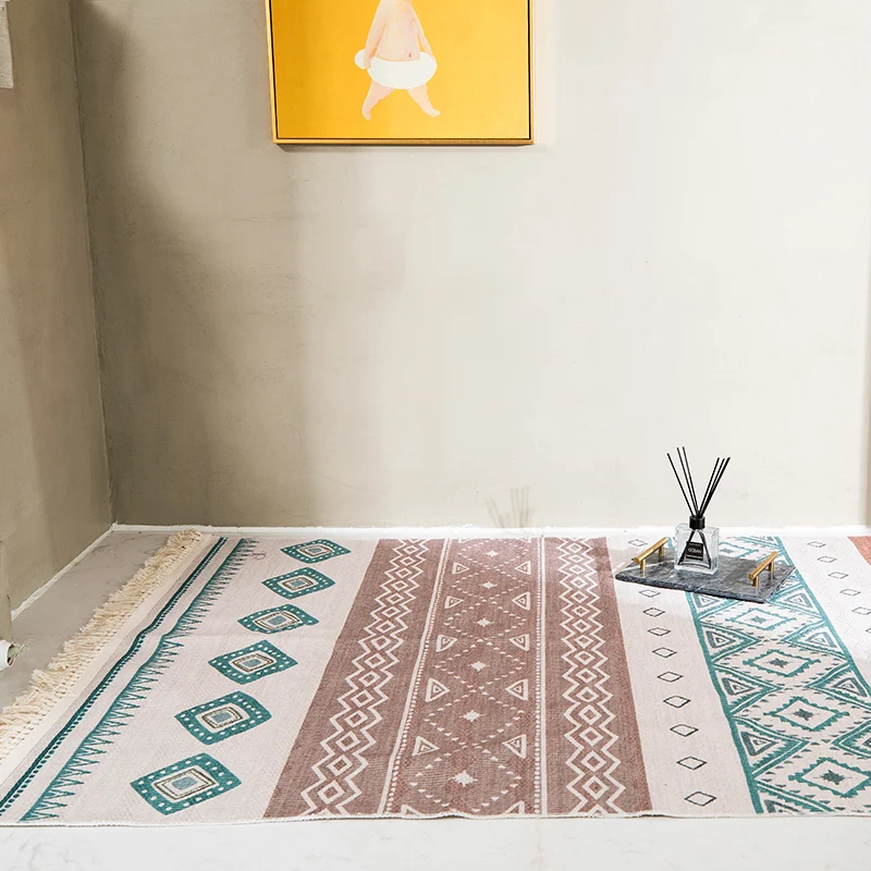 Boho-Wohnzimmerteppich, mehrfarbig, geometrisches Muster, Flachs, umweltfreundlich, handgefertigter Teppich mit Quaste Cle...