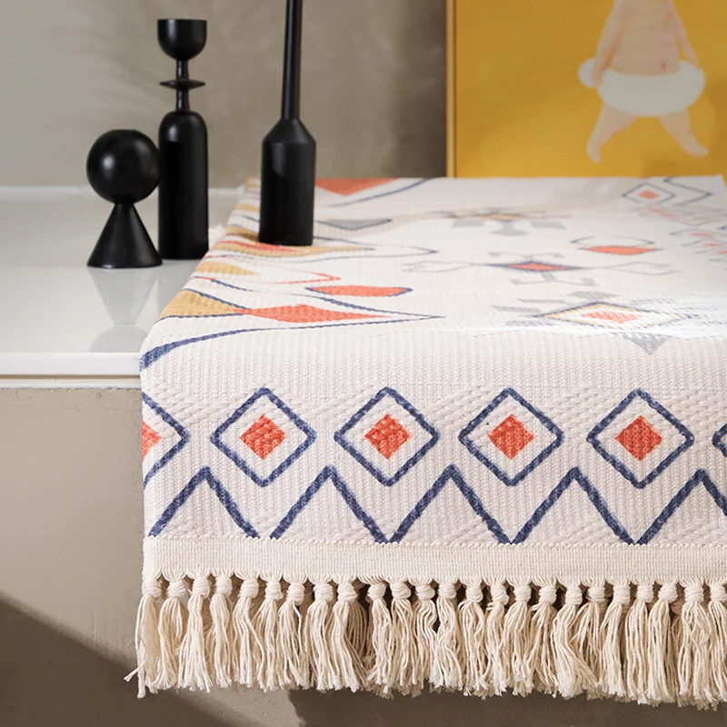 Boho-Wohnzimmerteppich, mehrfarbig, geometrisches Muster, Flachs, umweltfreundlich, handgefertigter Teppich mit Quaste Cle...
