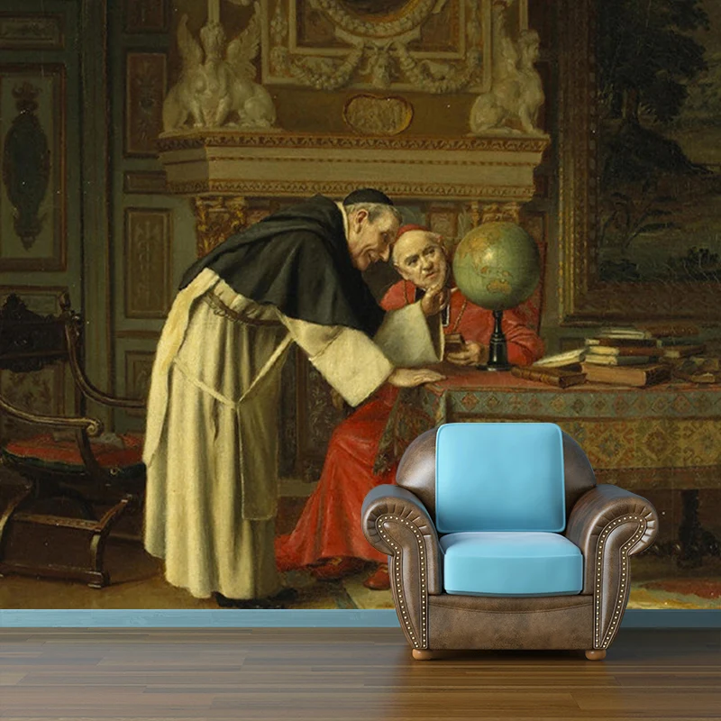 Braune Renaissance-Wandpapier-Wandbilder voller Größe, Wanddekoration „Der neugierige Kardinal und der Globus“ für den Flu...