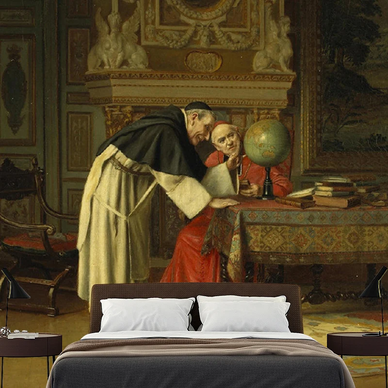 Braune Renaissance-Wandpapier-Wandbilder voller Größe, Wanddekoration „Der neugierige Kardinal und der Globus“ für den Flu...