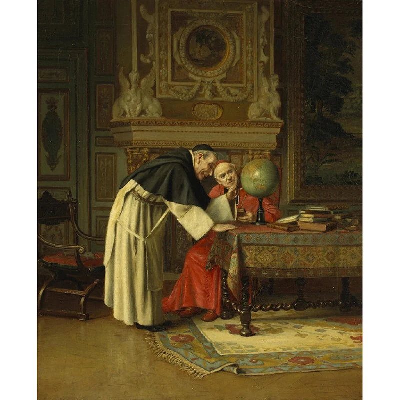 Braune Renaissance-Wandpapier-Wandbilder voller Größe, Wanddekoration „Der neugierige Kardinal und der Globus“ für den Flu...