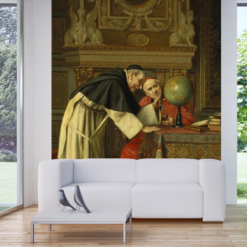 Braune Renaissance-Wandpapier-Wandbilder voller Größe, Wanddekoration „Der neugierige Kardinal und der Globus“ für den Flu...