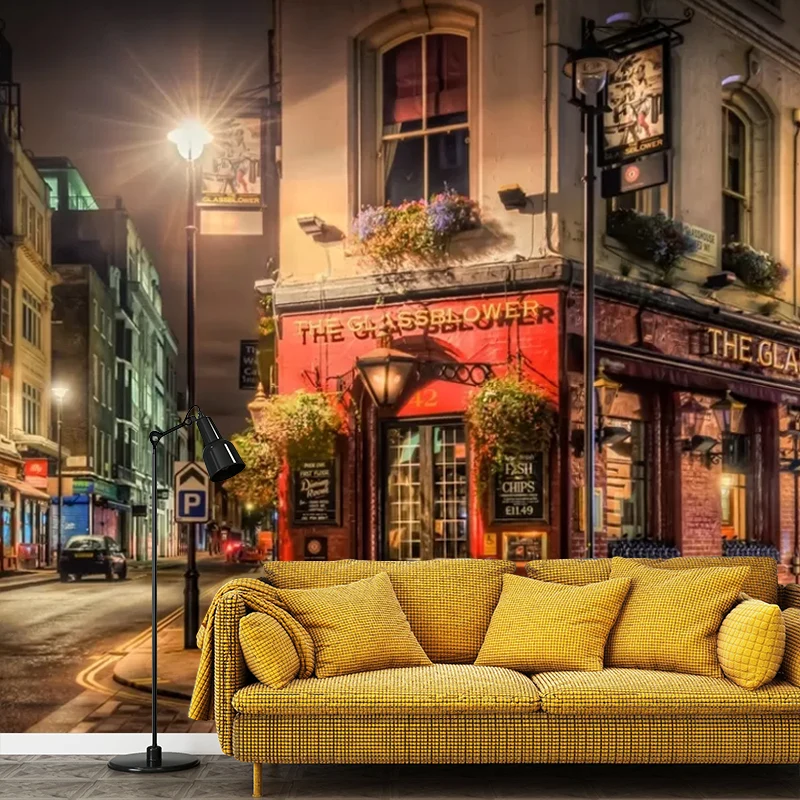 Braune Retro-Wandverkleidung Sondergröße, Nachtstraßen-Wandbild für Café Clearhalo
