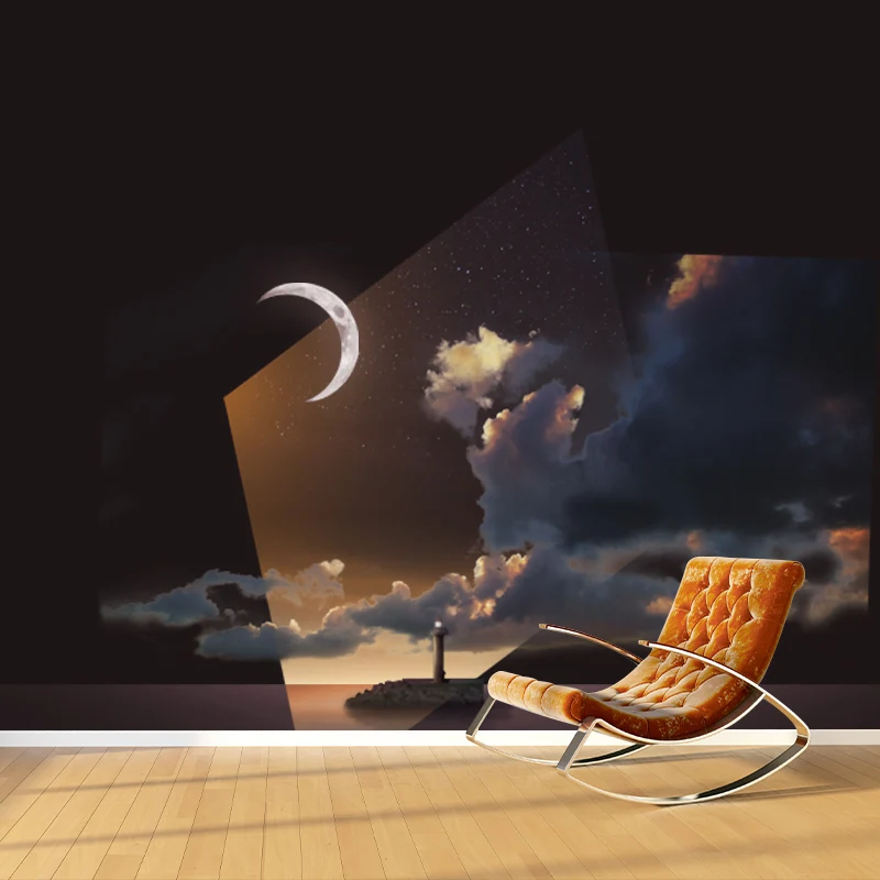 Braune Sci-Fi-Wandbilder voller Größe, Halbmond über isolierter Insel, Wanddekoration für Schlafzimmer Clearhalo