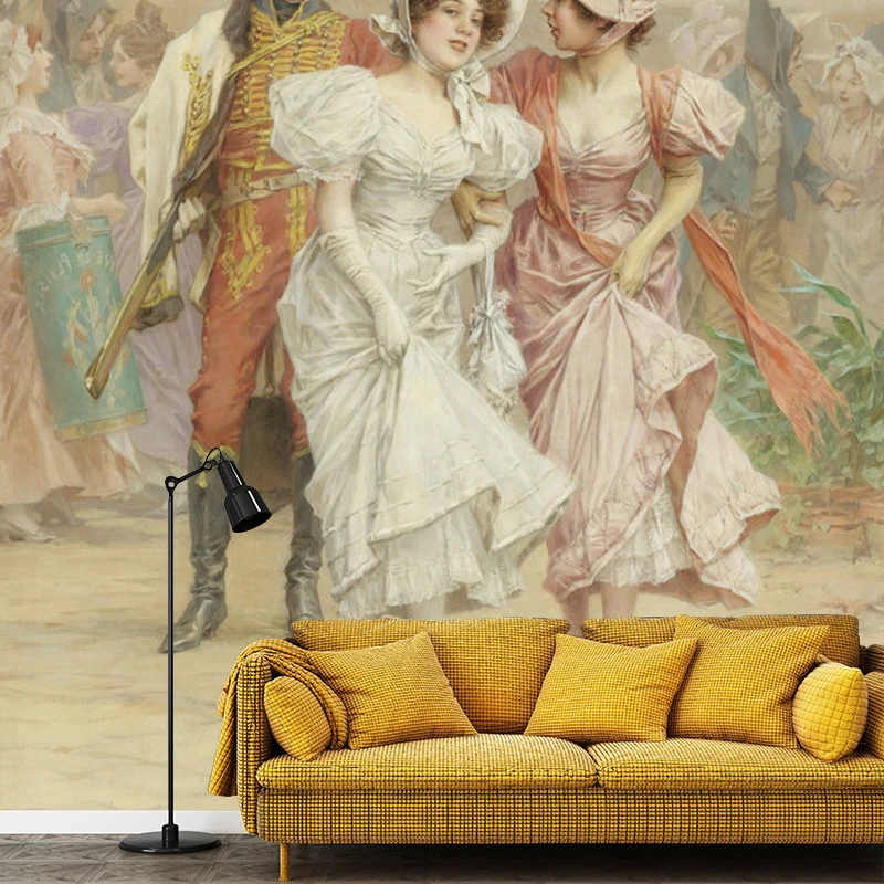 Braune Vintage-Wandverkleidung, personalisierbares Wandbild mit Dame und Offizier für den Kamin Clearhalo
