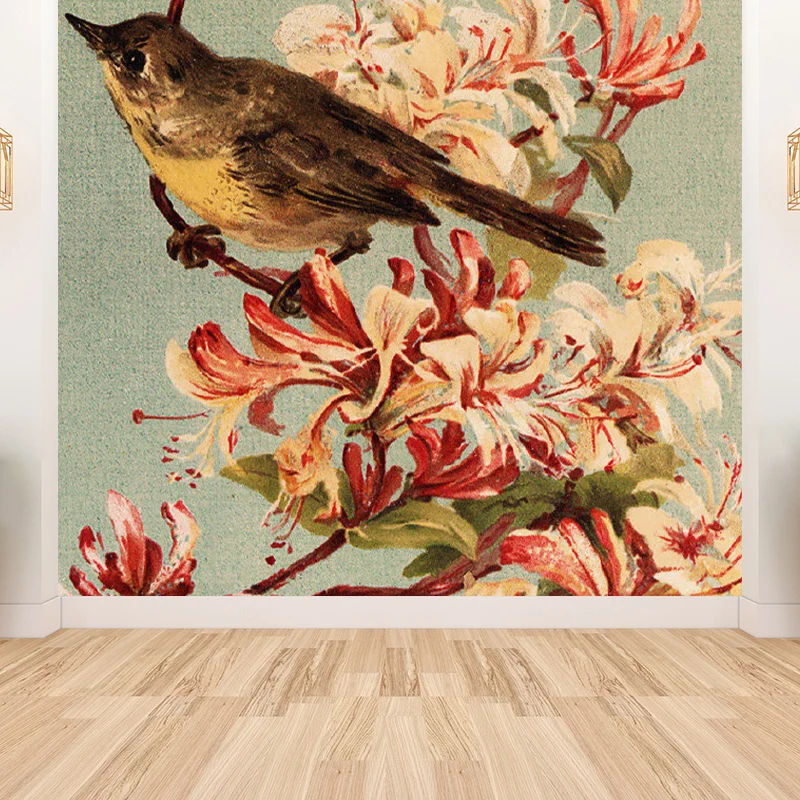 Braune zeitgenössische Wandtapete mit großem Vogel und Blumenzweig, Wandkunst für das Spielzimmer Clearhalo