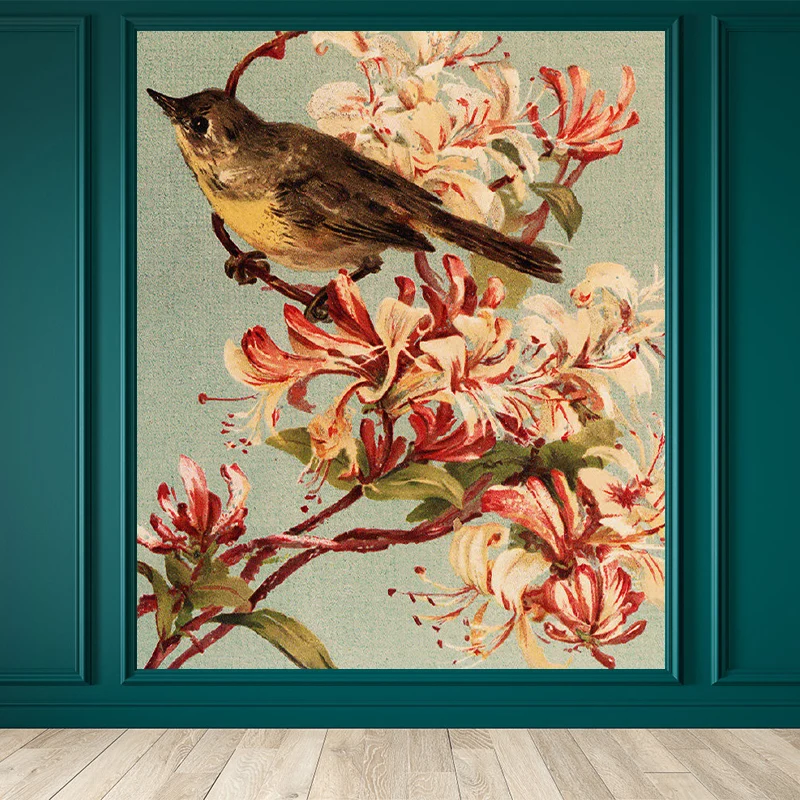 Braune zeitgenössische Wandtapete mit großem Vogel und Blumenzweig, Wandkunst für das Spielzimmer Clearhalo