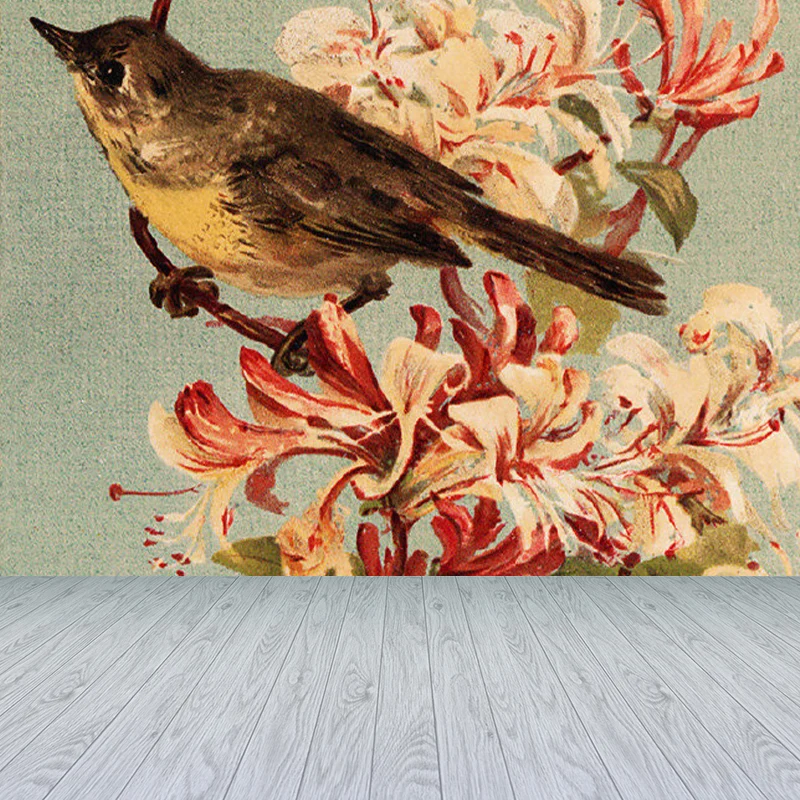 Braune zeitgenössische Wandtapete mit großem Vogel und Blumenzweig, Wandkunst für das Spielzimmer Clearhalo