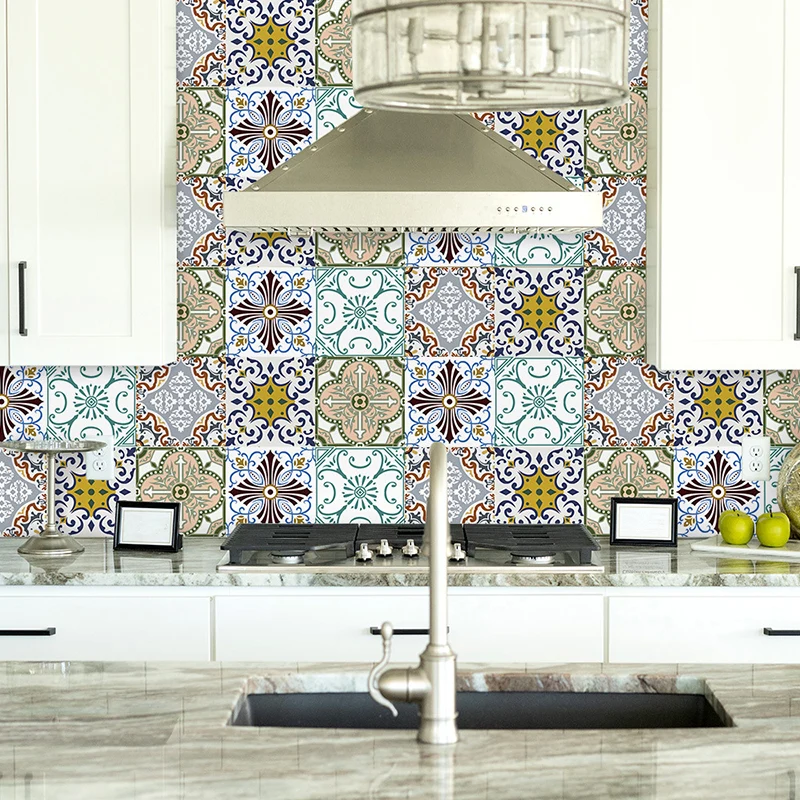 Braunes Blumen-Tapetenpaneel-Set, Mosaikfliesen, selbstklebende Bohemia-Wanddekoration für das Esszimmer Clearhalo