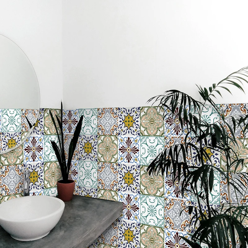 Braunes Blumen-Tapetenpaneel-Set, Mosaikfliesen, selbstklebende Bohemia-Wanddekoration für das Esszimmer Clearhalo