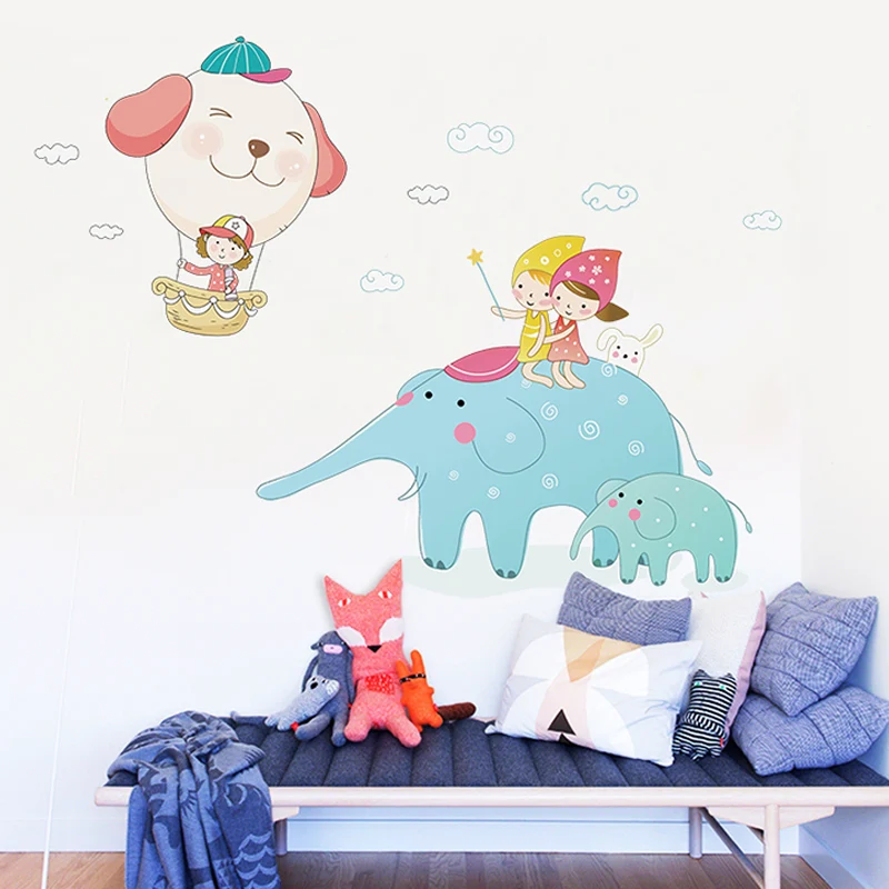 Cartoon-Elefant-Wandaufkleber für Kinder, personalisierte Wandkunst Blau und Weiß Clearhalo