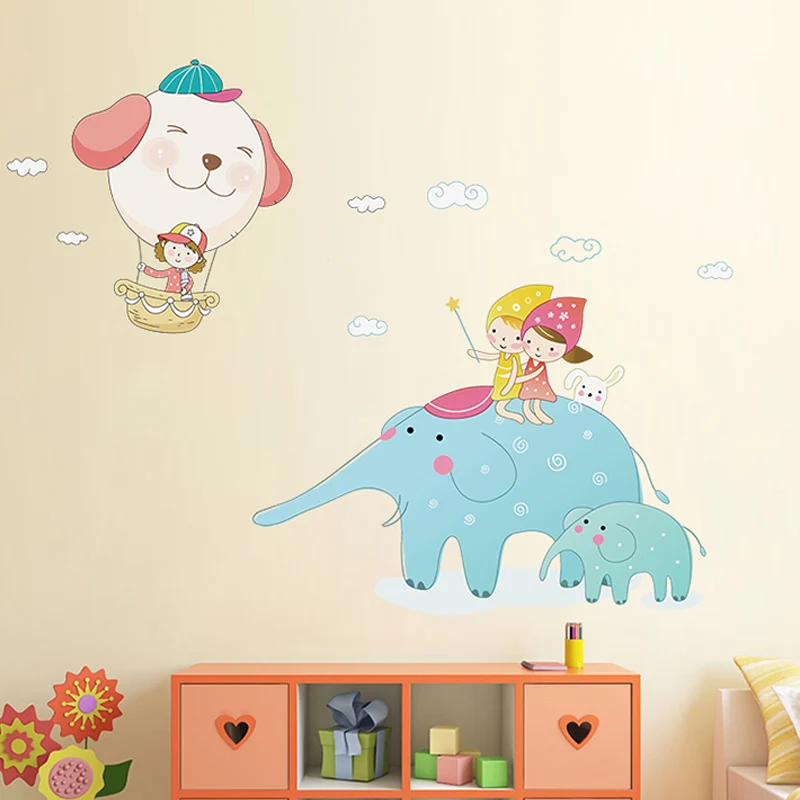 Cartoon-Elefant-Wandaufkleber für Kinder, personalisierte Wandkunst Blau und Weiß Clearhalo