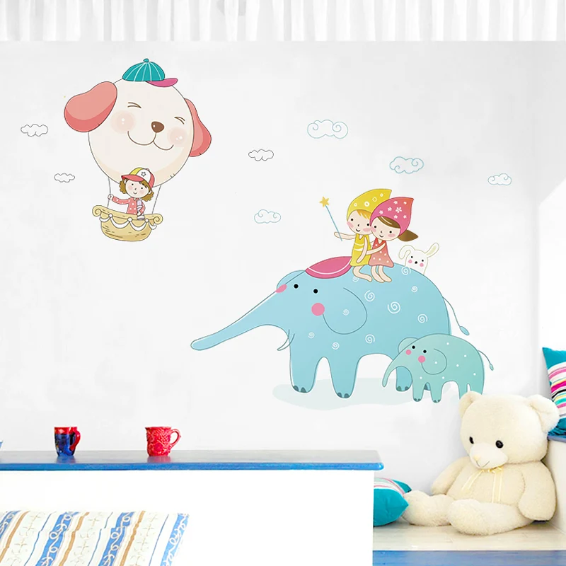 Cartoon-Elefant-Wandaufkleber für Kinder, personalisierte Wandkunst Blau und Weiß Clearhalo